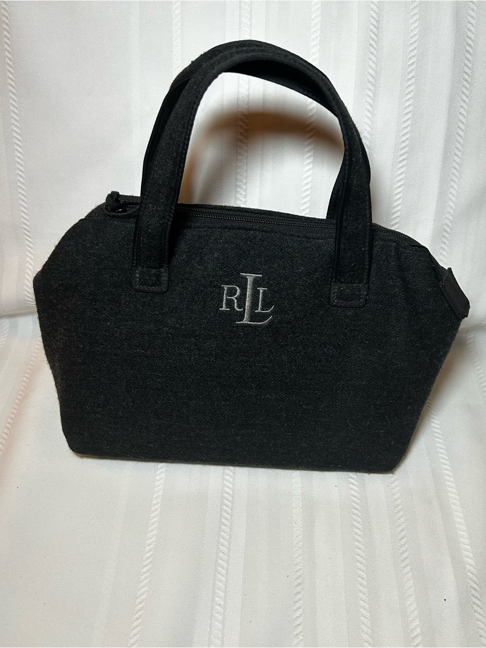 Lauren Ralph Lauren Charcoal Gray Purse Bag Logo Embroidery Handles Zipper